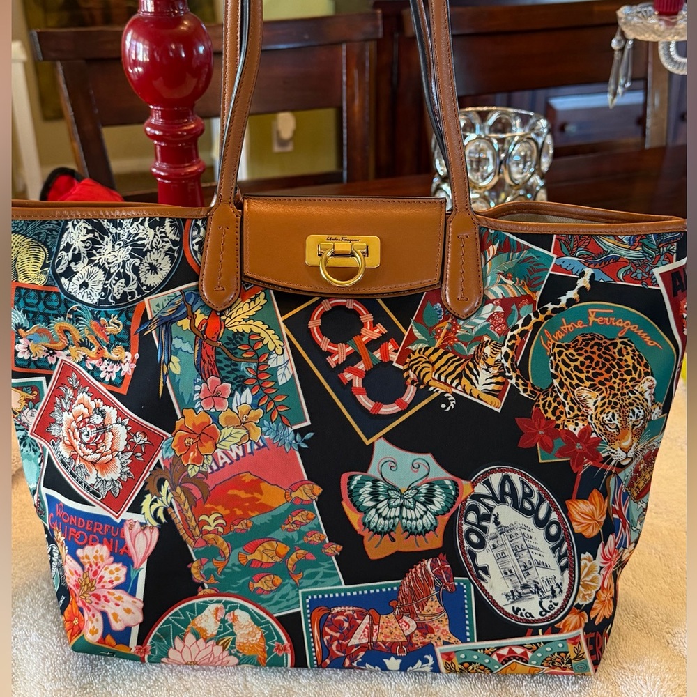 Salvatore Ferragamo Black Multicolor Printed Tote with Tan Leather Trim